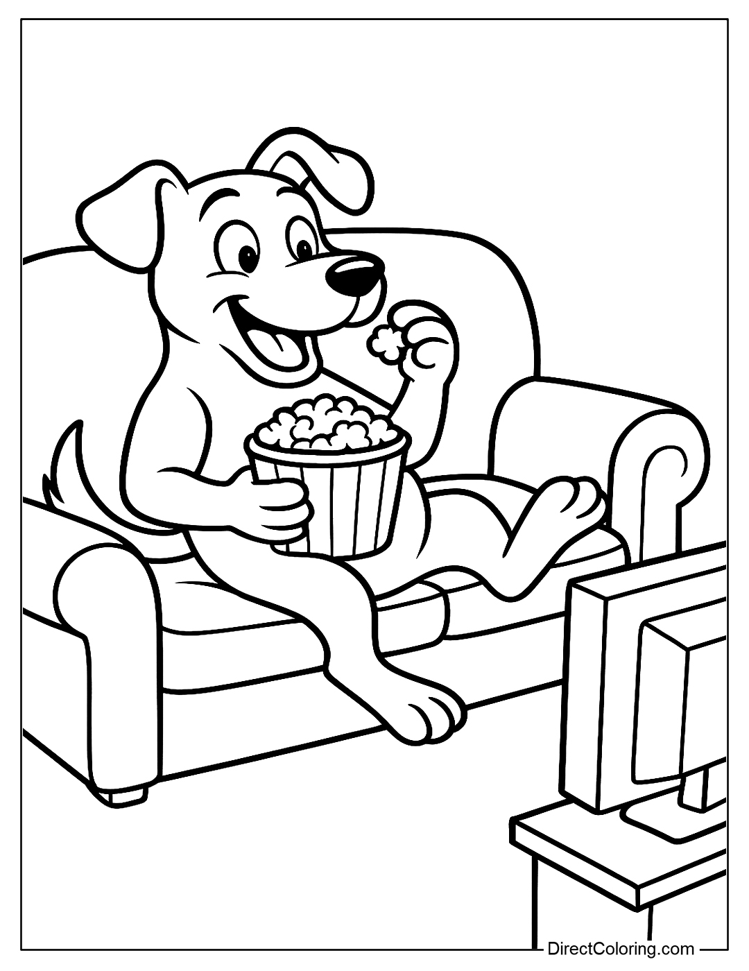 Dog Lying on the Sofa Eating Popcorn Watching TV
